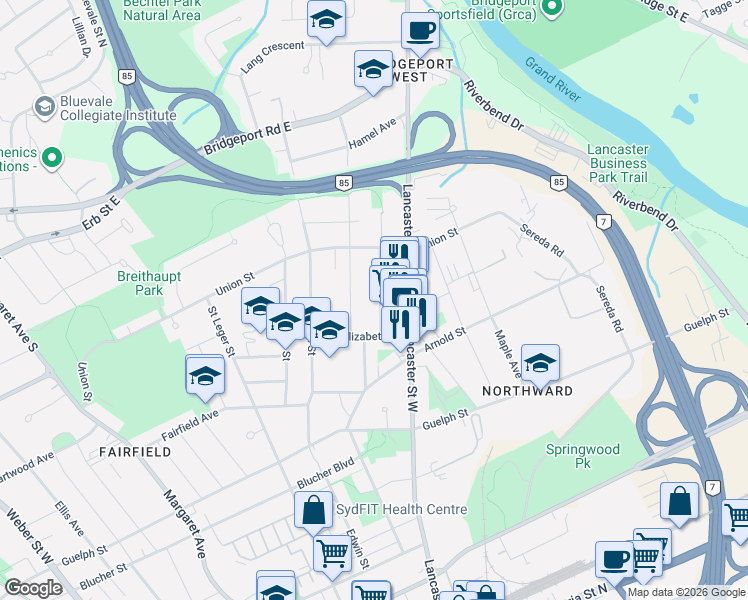 map of restaurants, bars, coffee shops, grocery stores, and more near 45 Bond Street in Kitchener
