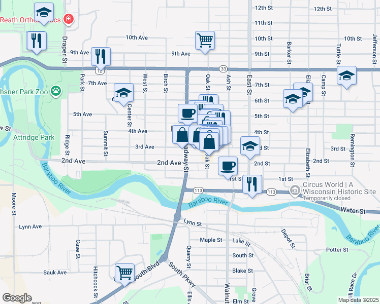 map of restaurants, bars, coffee shops, grocery stores, and more near 135 3rd Avenue in Baraboo