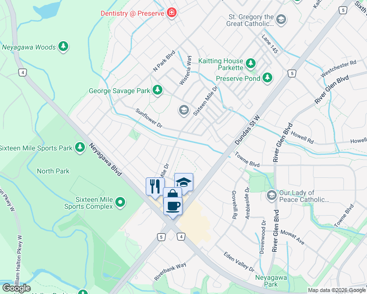 map of restaurants, bars, coffee shops, grocery stores, and more near in Oakville