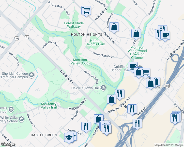 map of restaurants, bars, coffee shops, grocery stores, and more near 1287 White Oaks Boulevard in Oakville