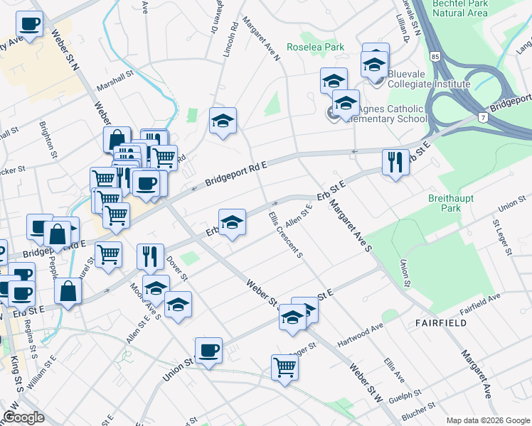 map of restaurants, bars, coffee shops, grocery stores, and more near in Waterloo