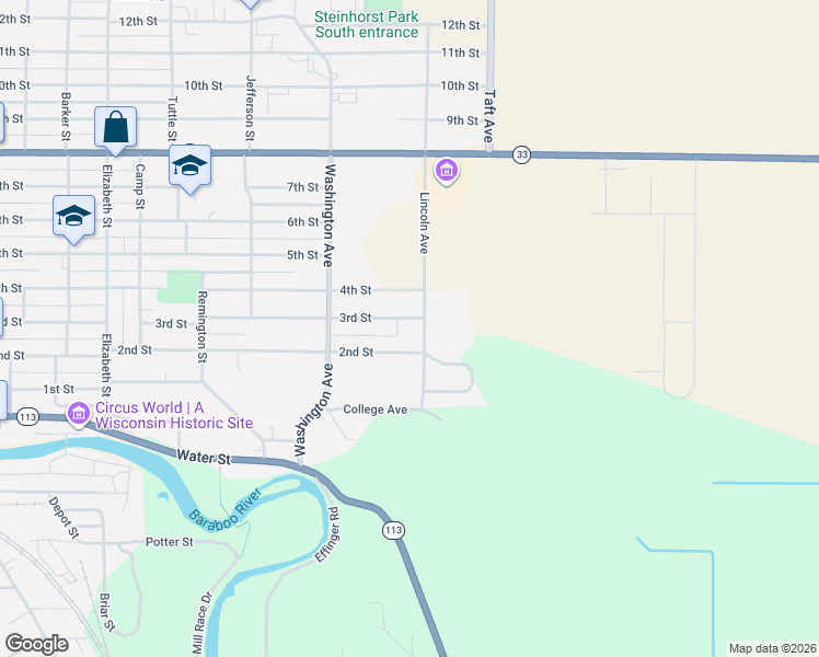 map of restaurants, bars, coffee shops, grocery stores, and more near 1149 3rd Street in Baraboo