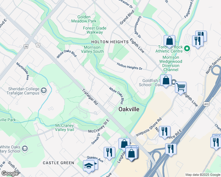 map of restaurants, bars, coffee shops, grocery stores, and more near White Oaks Blvd & Eton Pl in Oakville
