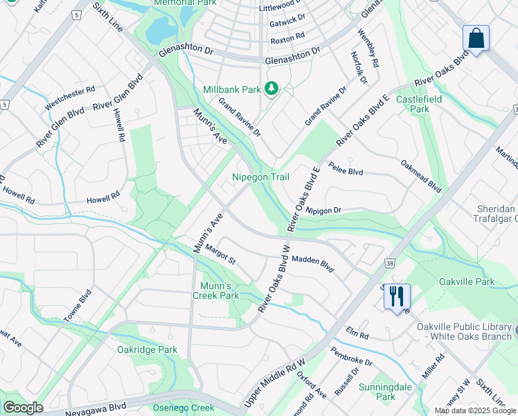 map of restaurants, bars, coffee shops, grocery stores, and more near 2191 Sixth Line in Oakville