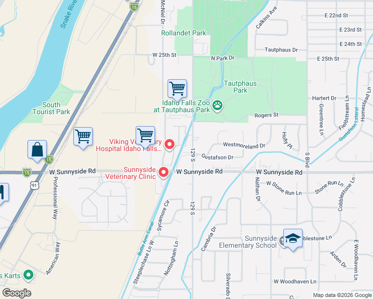 map of restaurants, bars, coffee shops, grocery stores, and more near 3148 Thayer Bridge Circle in Idaho Falls