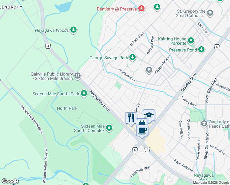 map of restaurants, bars, coffee shops, grocery stores, and more near 555 Alfred Hughes Avenue in Oakville