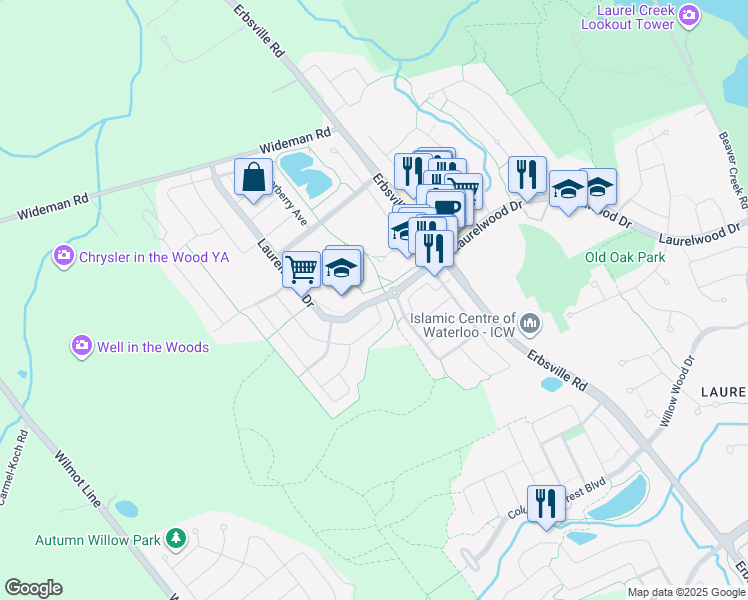 map of restaurants, bars, coffee shops, grocery stores, and more near 698 Laurelwood Drive in Waterloo