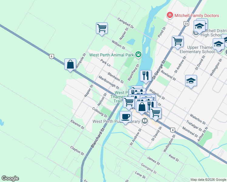 map of restaurants, bars, coffee shops, grocery stores, and more near 25 Huron Road in Mitchell