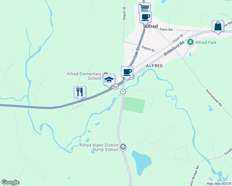 map of restaurants, bars, coffee shops, grocery stores, and more near 24 Sanford Road in Alfred