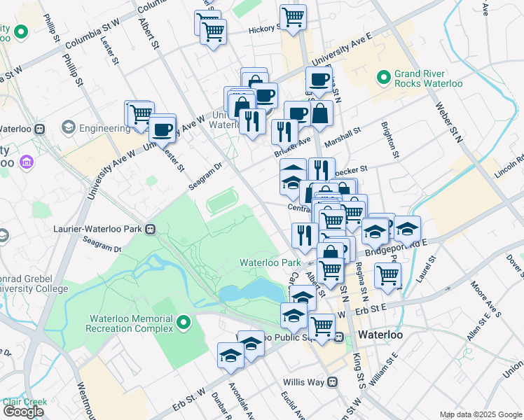 map of restaurants, bars, coffee shops, grocery stores, and more near 117 Albert Street in Waterloo