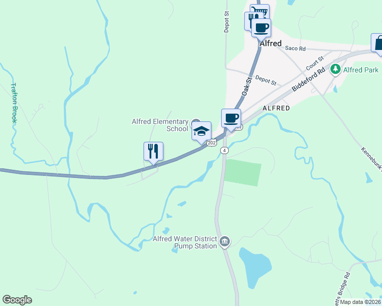 map of restaurants, bars, coffee shops, grocery stores, and more near 21 Sanford Road in Alfred