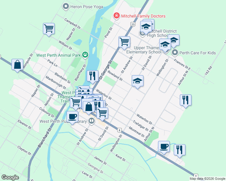 map of restaurants, bars, coffee shops, grocery stores, and more near 167 Saint Andrew Street in Mitchell