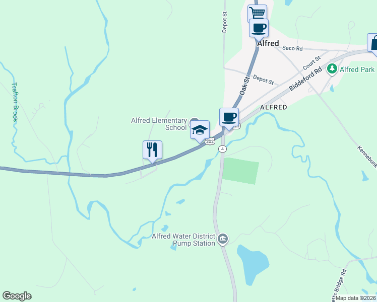 map of restaurants, bars, coffee shops, grocery stores, and more near 35 Sanford Road in Alfred