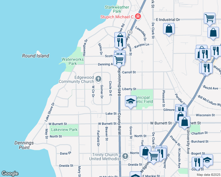 map of restaurants, bars, coffee shops, grocery stores, and more near 1198 Circle Drive East in Beaver Dam