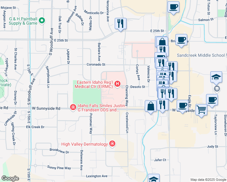 map of restaurants, bars, coffee shops, grocery stores, and more near 3100 Channing Way in Idaho Falls