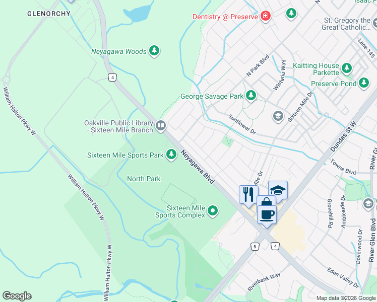 map of restaurants, bars, coffee shops, grocery stores, and more near 3217 Neyagawa Boulevard in Oakville