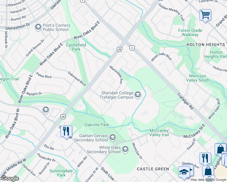 map of restaurants, bars, coffee shops, grocery stores, and more near 189 Martindale Avenue in Oakville