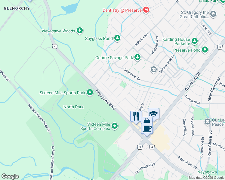 map of restaurants, bars, coffee shops, grocery stores, and more near 567 Bridgeview Road in Oakville
