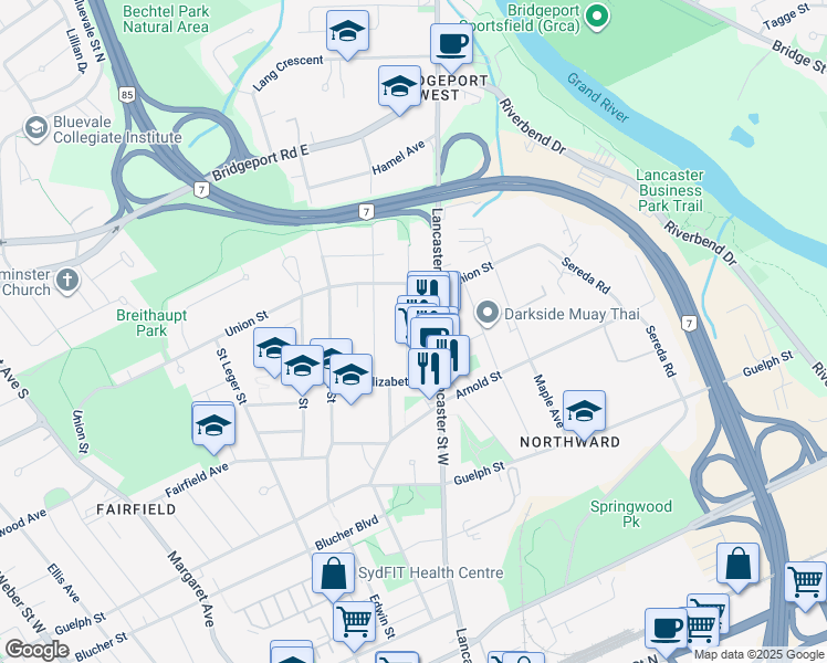 map of restaurants, bars, coffee shops, grocery stores, and more near 54 Bond Street in Kitchener
