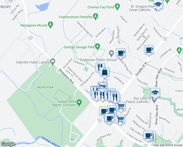 map of restaurants, bars, coffee shops, grocery stores, and more near 529 Gardenbrook Avenue in Oakville