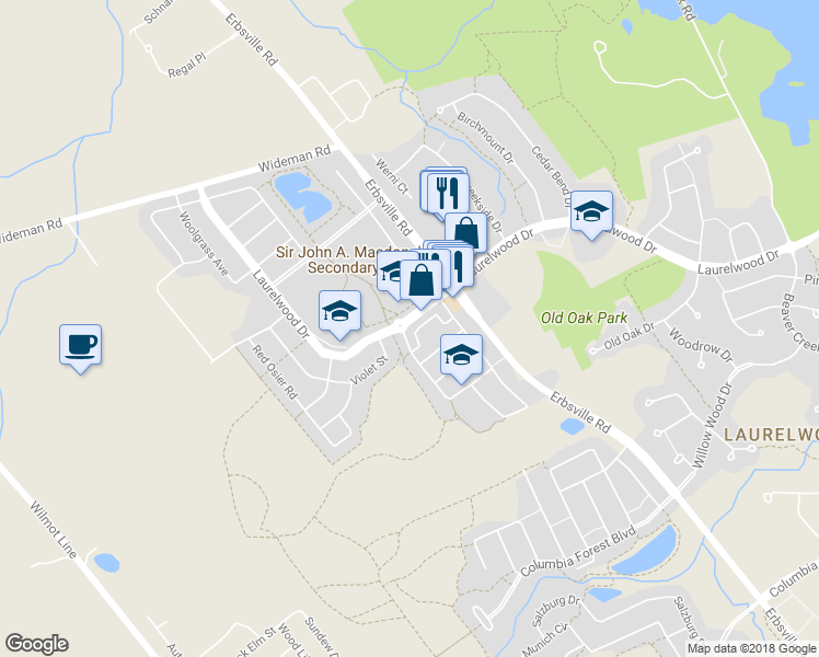 map of restaurants, bars, coffee shops, grocery stores, and more near 27 Laurelwood Drive in Waterloo