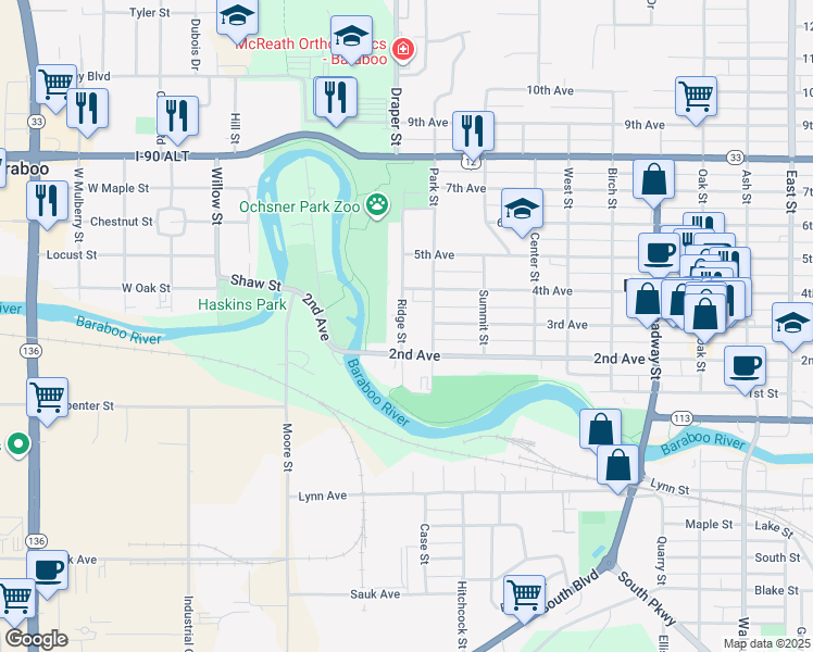 map of restaurants, bars, coffee shops, grocery stores, and more near 422 Ridge Street in Baraboo