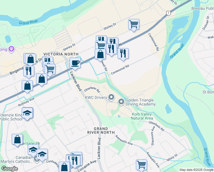 map of restaurants, bars, coffee shops, grocery stores, and more near 952 Dunnigan Court in Kitchener