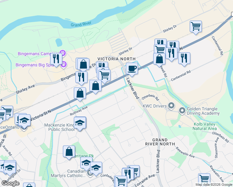 map of restaurants, bars, coffee shops, grocery stores, and more near 2 Smetana Drive in Kitchener