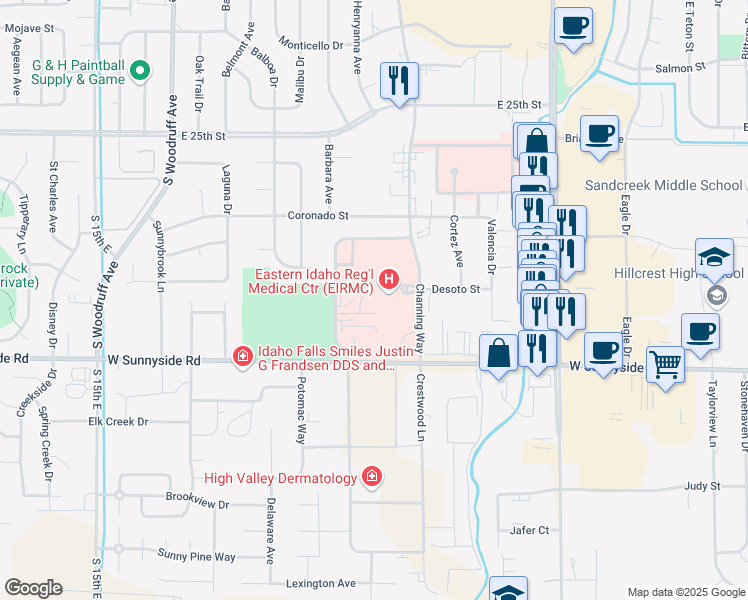 map of restaurants, bars, coffee shops, grocery stores, and more near 3100 Channing Way in Idaho Falls