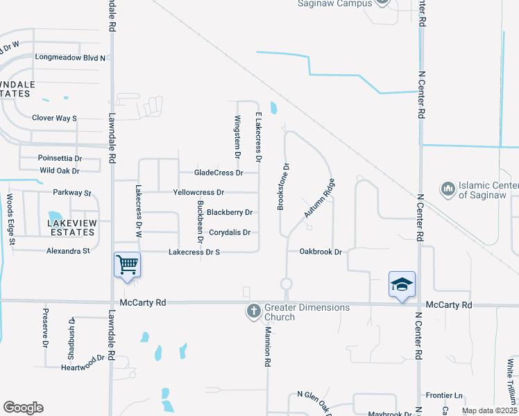 map of restaurants, bars, coffee shops, grocery stores, and more near 4314 Lakecress Drive in Saginaw