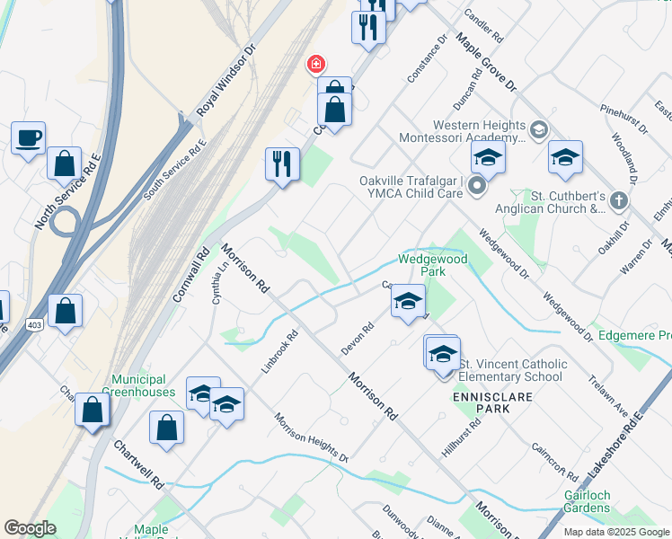 map of restaurants, bars, coffee shops, grocery stores, and more near 426 Drummond Road in Oakville