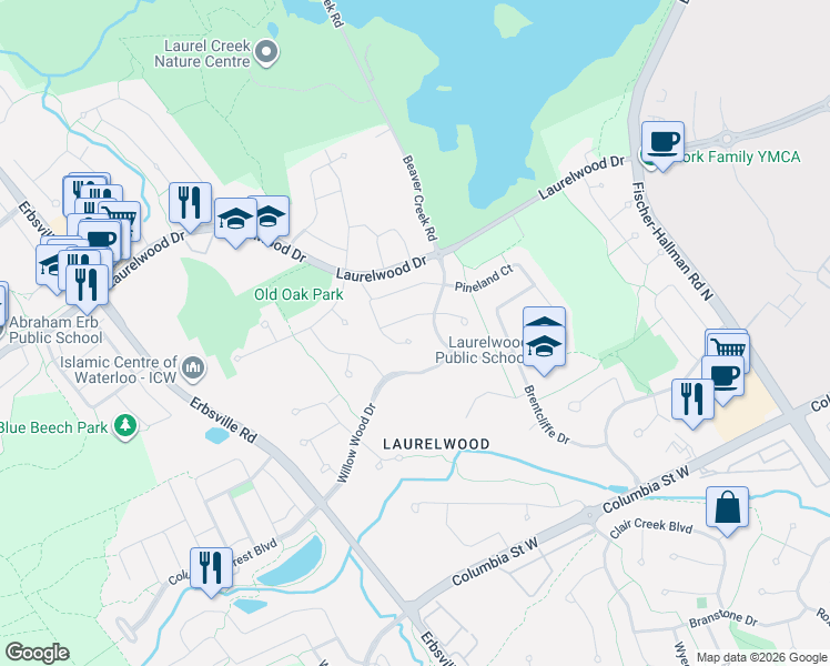 map of restaurants, bars, coffee shops, grocery stores, and more near 410 Havendale Crescent in Waterloo