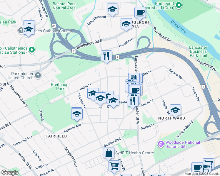 map of restaurants, bars, coffee shops, grocery stores, and more near 336 Edwin Street in Kitchener