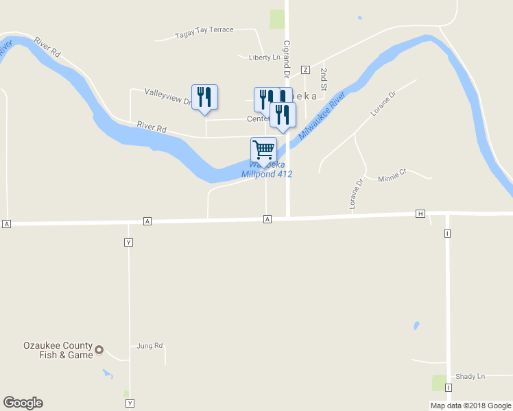 map of restaurants, bars, coffee shops, grocery stores, and more near N5317 Park Avenue in Waubeka