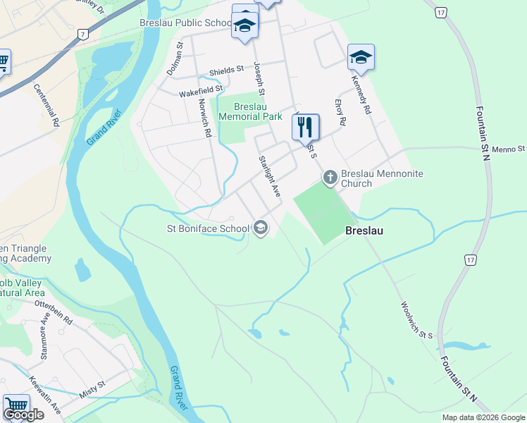 map of restaurants, bars, coffee shops, grocery stores, and more near 161 Starlight Avenue in Breslau