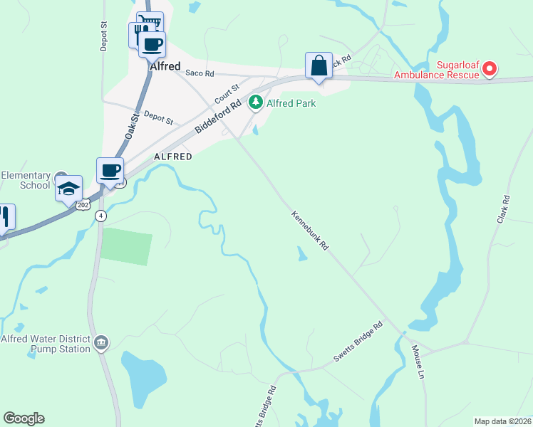 map of restaurants, bars, coffee shops, grocery stores, and more near 129 Kennebunk Road in Alfred