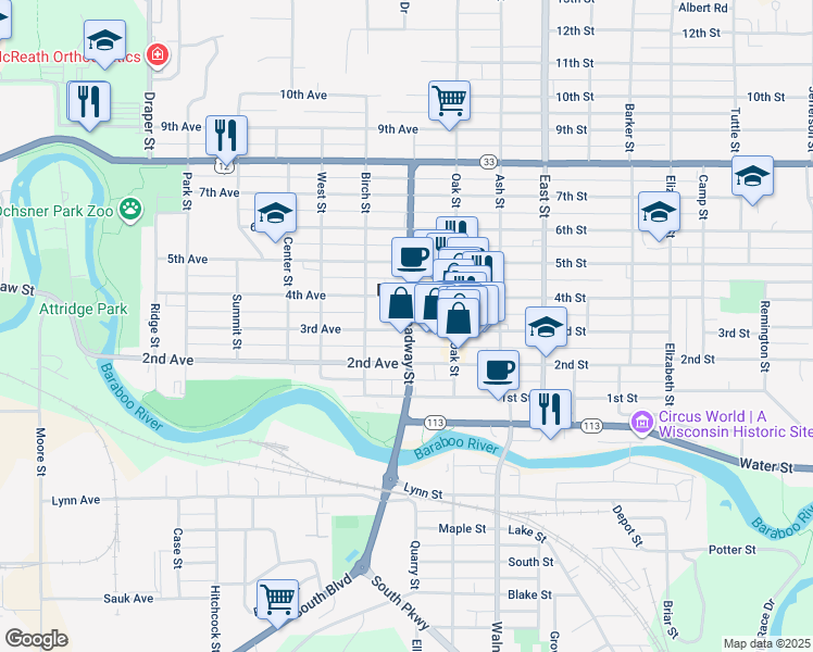 map of restaurants, bars, coffee shops, grocery stores, and more near 505 Broadway Street in Baraboo