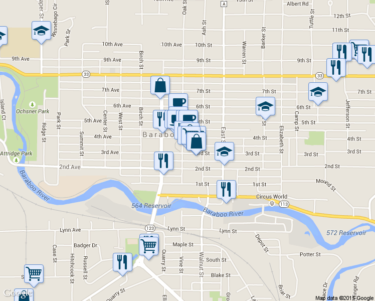 map of restaurants, bars, coffee shops, grocery stores, and more near 113 3rd Street in Baraboo