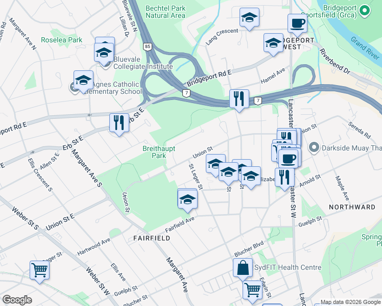 map of restaurants, bars, coffee shops, grocery stores, and more near 868 Union Street in Kitchener