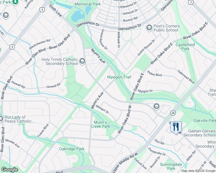 map of restaurants, bars, coffee shops, grocery stores, and more near 2267 Munns Avenue in Oakville