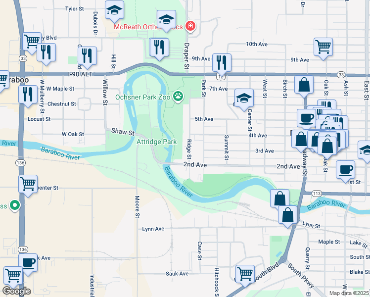 map of restaurants, bars, coffee shops, grocery stores, and more near 422 Ridge Street in Baraboo