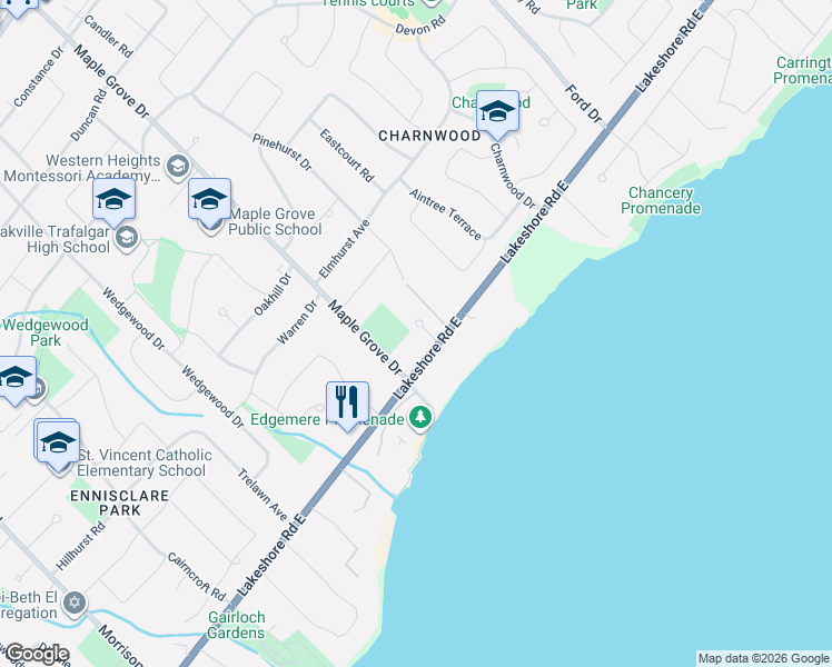 map of restaurants, bars, coffee shops, grocery stores, and more near 116 Parkwood Court in Oakville