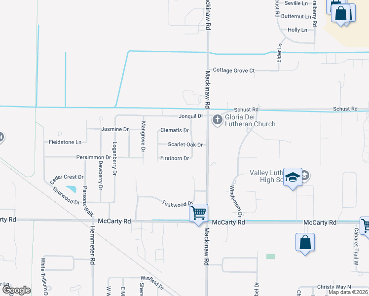 map of restaurants, bars, coffee shops, grocery stores, and more near 4105 Scarlet Oak Drive in Saginaw