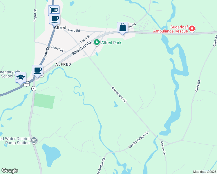 map of restaurants, bars, coffee shops, grocery stores, and more near 129 Kennebunk Road in Alfred