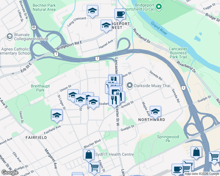 map of restaurants, bars, coffee shops, grocery stores, and more near 54 Bond Street in Kitchener