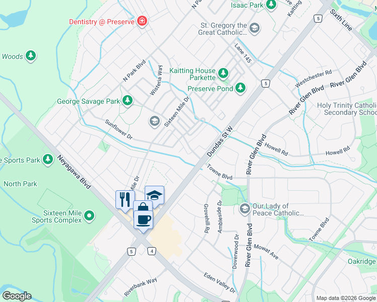 map of restaurants, bars, coffee shops, grocery stores, and more near 3020 George Savage Avenue in Oakville