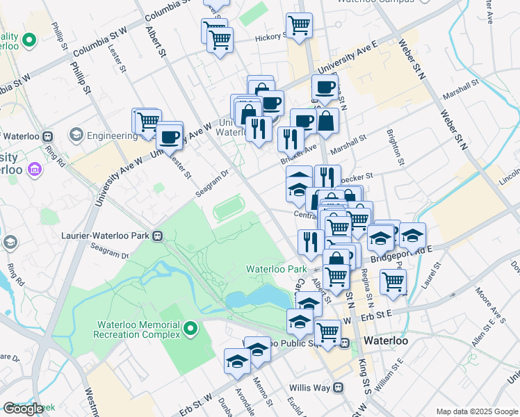 map of restaurants, bars, coffee shops, grocery stores, and more near 50 Central Street in Waterloo