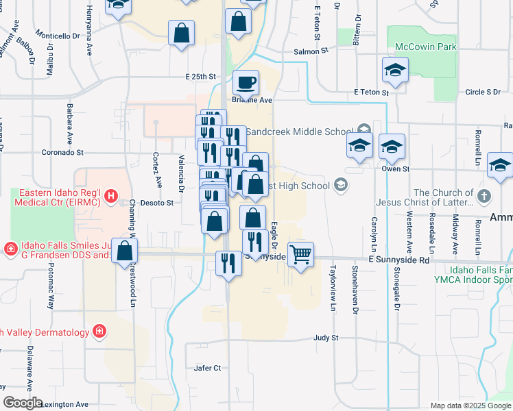 map of restaurants, bars, coffee shops, grocery stores, and more near 3015 S 25th E in Ammon