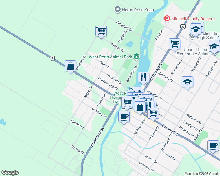 map of restaurants, bars, coffee shops, grocery stores, and more near 131 Nelson Street in West Perth