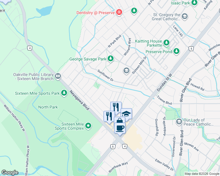 map of restaurants, bars, coffee shops, grocery stores, and more near 3129 Trailside Drive in Oakville